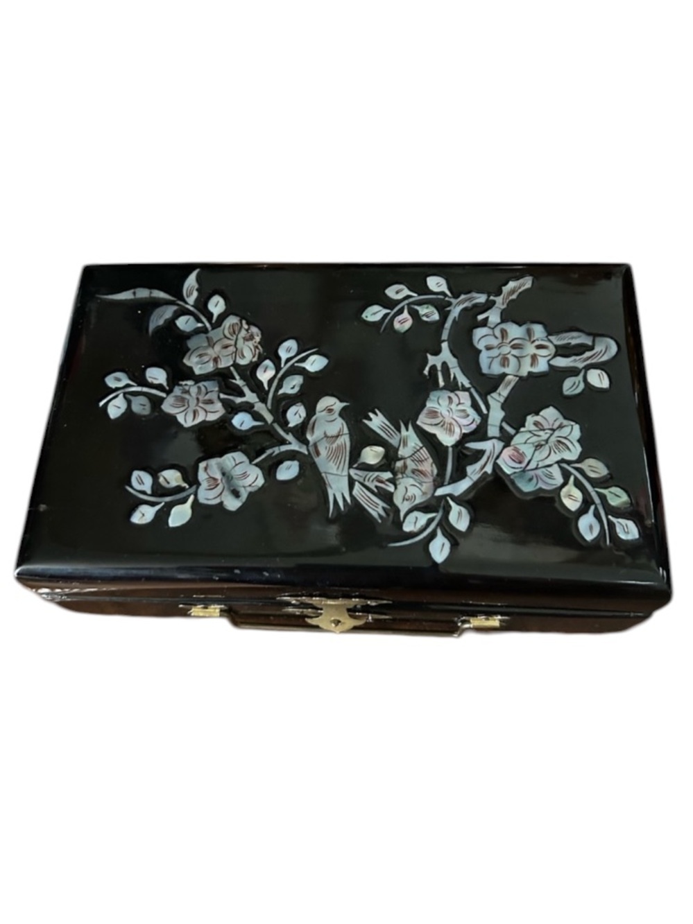 Vintage Asian Mother of Pearl Inlaid Floral & Birds Lacquered Handbag